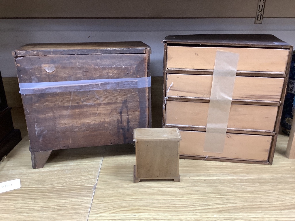 An 18th century Dutch inlaid walnut miniature chest of drawers, a 19th century mahogany bow-fronted miniature chest and another miniature chest, tallest 31cm